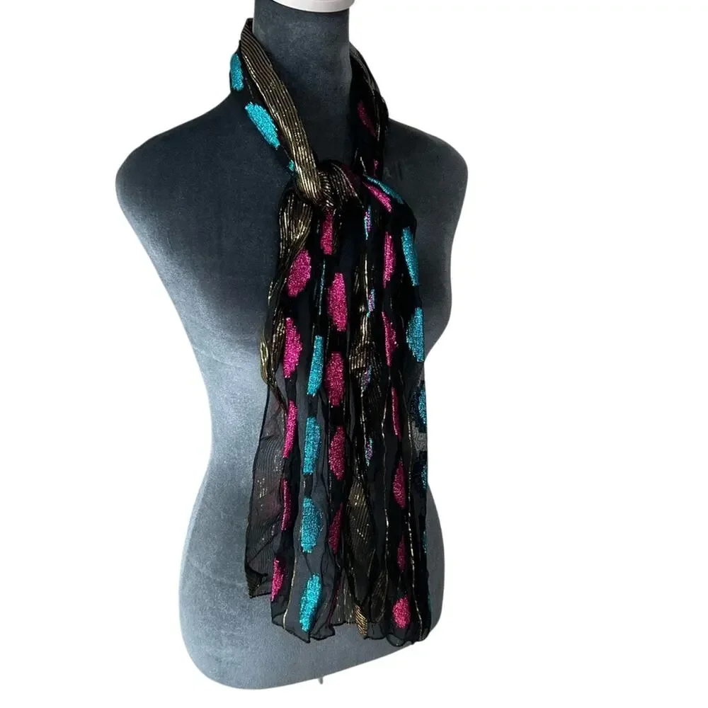 American Vtg Neck Scarf- Metallic- semi sheer bright pink blue- some wear 60x11